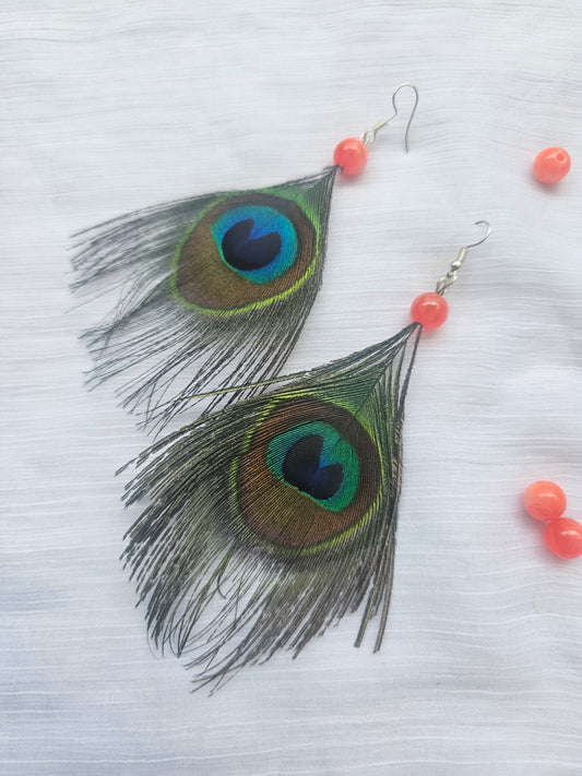 Peacock Feather Earrings with Orange Bead Accent