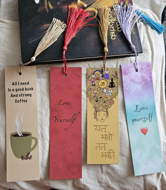 “Mindful & Motivational Bookmark Set with Tassels – Self-Love & Coffee Theme (Set of 4)”