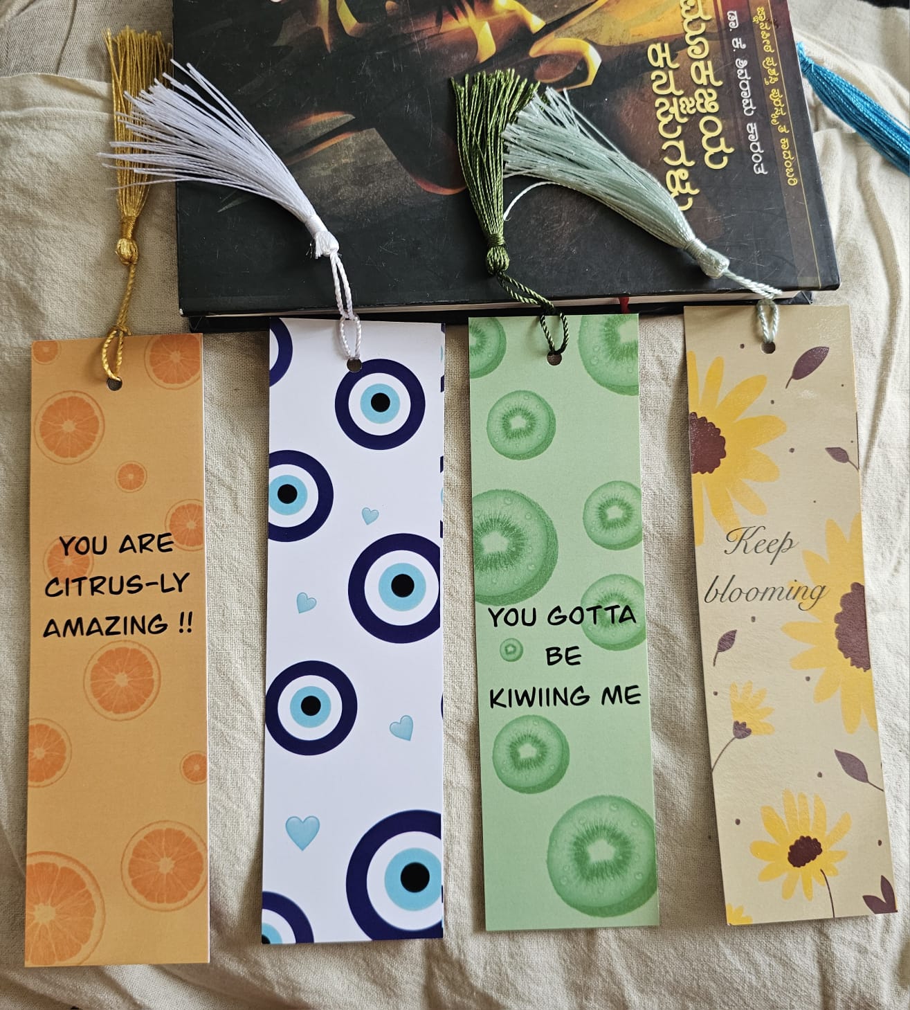 Minimal Aesthetic Tassel Bookmarks – Set of 4 | Citrus, Kiwi, Floral & Evil Eye Designs