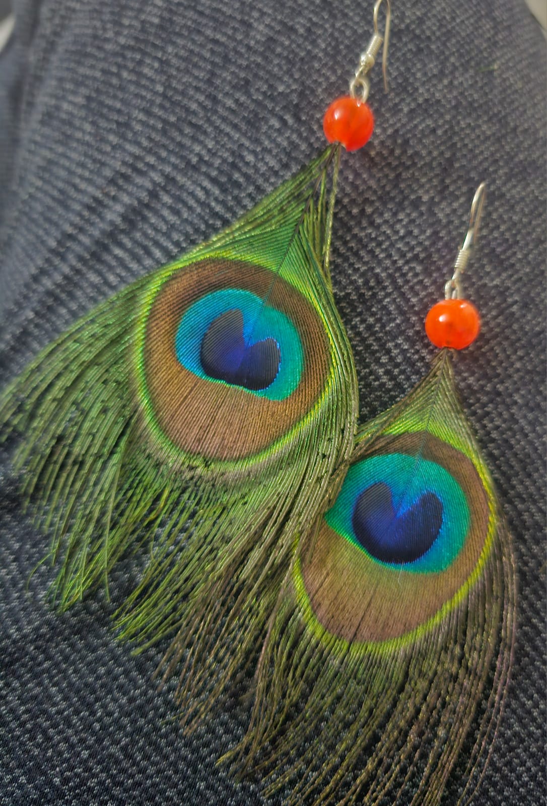 Peacock Feather Earrings with Orange Bead Accent