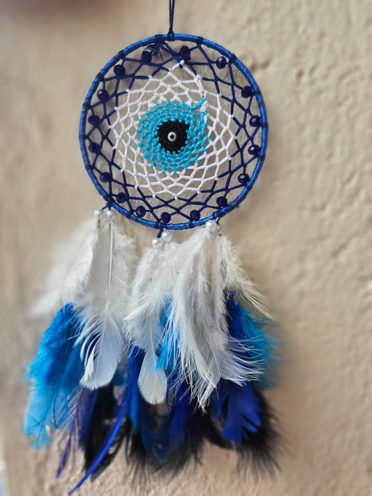 Handmade Evil Eye Dreamcatcher with Feathers – Blue & White Wall Hanging for Positivity & Protection”